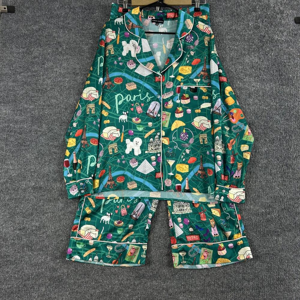 Karen Mabon Pajama Set Medium Paris Classic Print Satin Long Sleeve Lounge Cozy